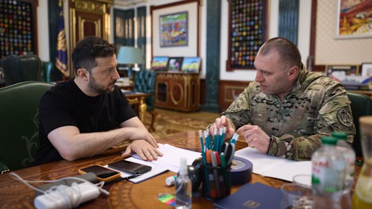 Ukrainian President Volodymyr Zelenskyy meets with the head of the Security Service of Ukraine (SBU) Vasyl Malyuk in Kyiv on June 1.