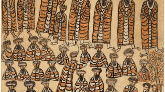 William Barak’s Corroboree (Figures in possum-skin cloaks), 1885.