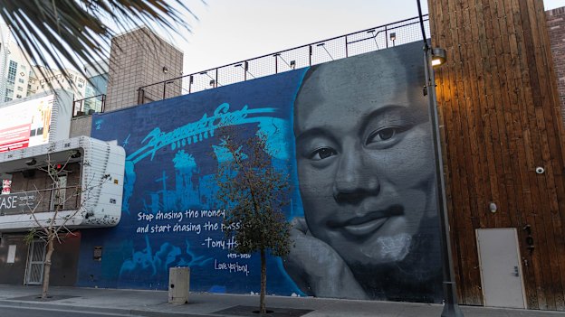 A mural of Tony Hsieh in Fremont East. Hsieh invested heavily in the area.