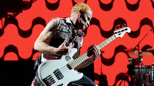 Flea of the Red Hot Chilli Peppers performs at Hope Estate in the Hunter Valley on Saturday.