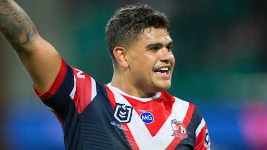 Looking after No.1: Latrell Mitchell celebrates another stellar performance.