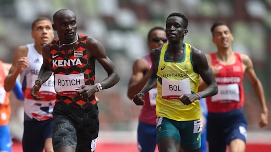 Australia’s Peter Bol (right) broke the national record for the 800m in his heat at the Tokyo Olympics.
