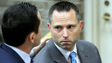 Thomas Tramaglini, right, the Kenilworth Schools superintendent accused of defecating on the track at Holmdel High School, makes his initial appearance in Holmdel Municipal Court in Holmdel, NJ. 