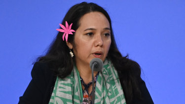 Tina Stege, climate envoy for the Marshall Islands, speaks at COP26 in Glasgow, Scotland. 