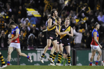 Joel Bowden celebrates the match-winning goal.