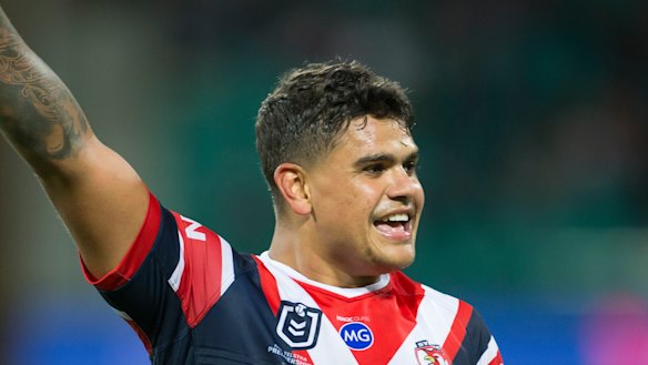 Looking after No.1: Latrell Mitchell celebrates another stellar performance.