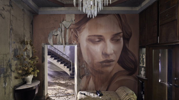 A painting of actor Lily Sullivan amid the artfully arranged abandoned interior of Burnham Beeches.