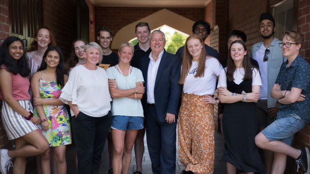 Ballarat Clarendon College principal David Shepherd and teacher Adelle Holmes with some of this year's VCE graduates.