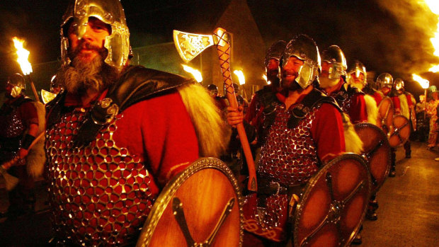 People dressed as Norsemen in the town of Lerwick, Shetland. 