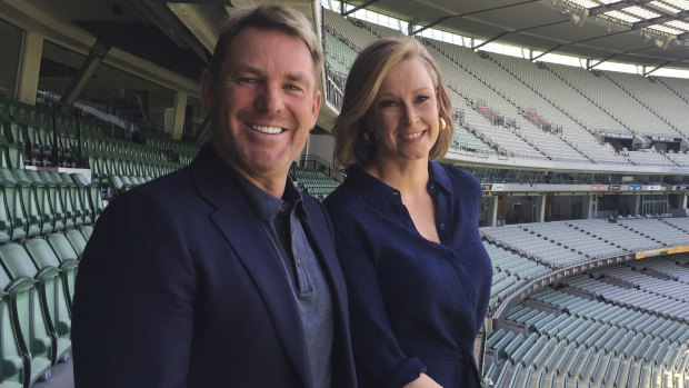 Shane Warne with 7.30's Leigh Sales at the Melbourne Cricket Ground.