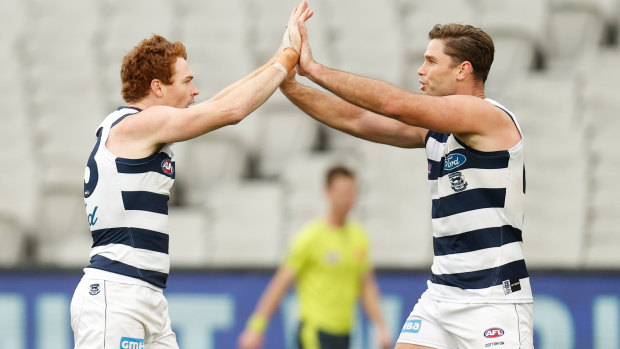Gary Rohan (left) and Tom Hawkins of the Cats celebrate a goal.