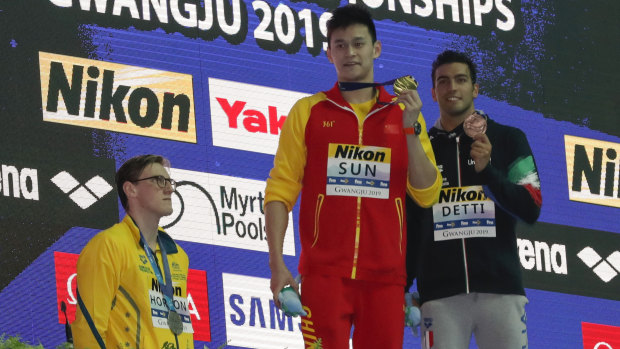 Australian silver medallist Mack Horton refuses to stand on  the dais with gold medallist Sun Yang.