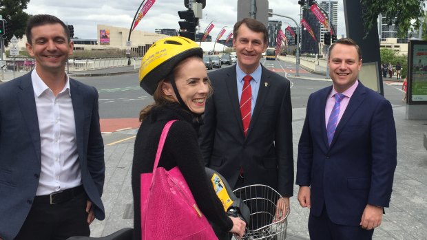 Changes for Brisbane Metro are unveiled by MP Trevor Evans, cycling advocate Anne Savage, lord mayor Graham Quirk and deputy mayor Adrian Schrinner.