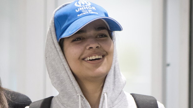 Rahaf Mohammed Alqunun, 18, arrives at Toronto airport. 