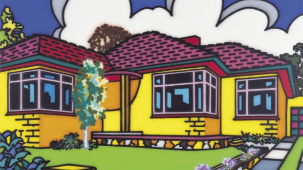 The real deal: Family home - Suburban exterior 1993 by Howard Arkley  (detail).
synthetic polymer paint on canvas
203.0 x 257.0 cm. Monash University Museum of Art, Melbourne. Purchased, 1994
