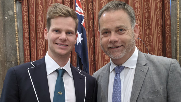 Australian batsman Steve Smith with UK Sports Minister Nigel Adams at a function last week.