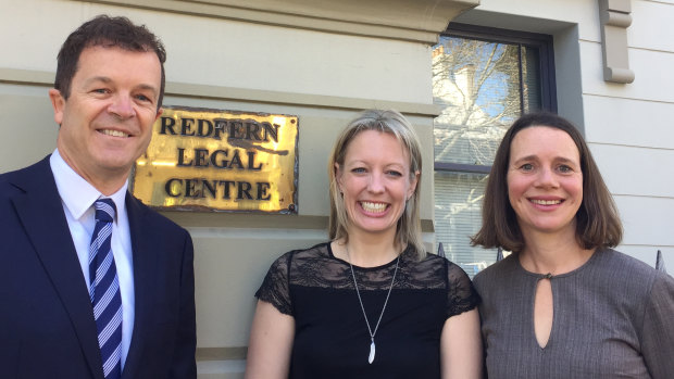 NSW Attorney-General Mark Speakman, Rachael Natoli and Redfern Legal Centre chief executive Joanne Shulman.