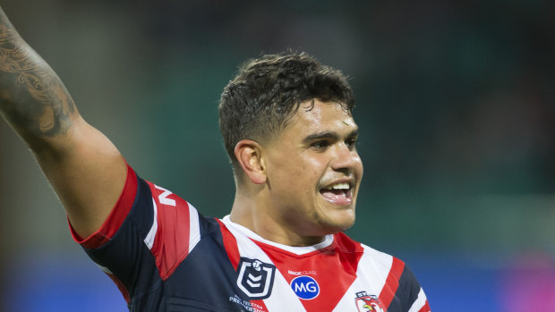 Looking after No.1: Latrell Mitchell celebrates another stellar performance.
