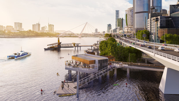 Brisbane's new Mangrove Walk beside the Riverside Expressway emerges.