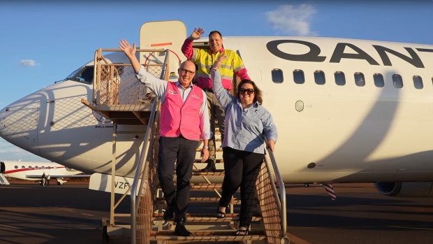 Opposition Leader Peter Dutton (left) with Gina Rinehart and Roy Hill CEO Gerhard Veldsman in 2023.