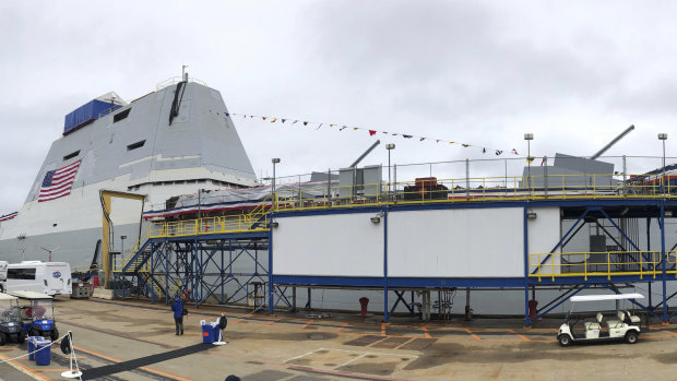 The Lyndon B. Johnson, the third Zumwalt-class guided missile destroyer, is seen during a christening ceremony at Bath Iron Works.