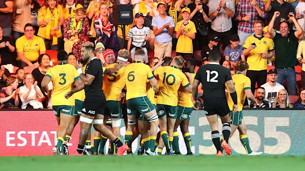 The Wallabies celebrate their last victory over New Zealand, in Brisbane in 2020.