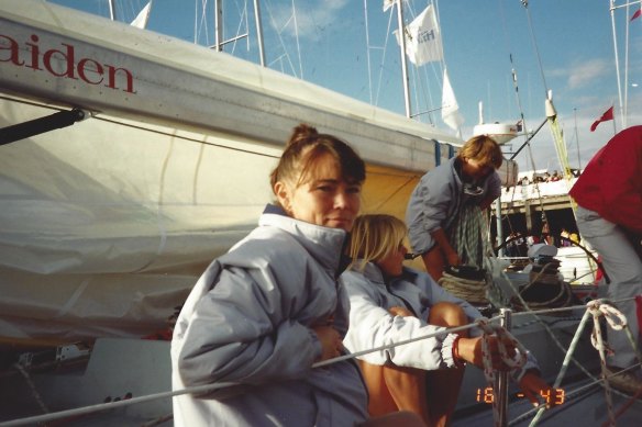 Tracy Edwards, left, skippers Maiden in the 1989-90 Whitbread round-the-world yacht race.