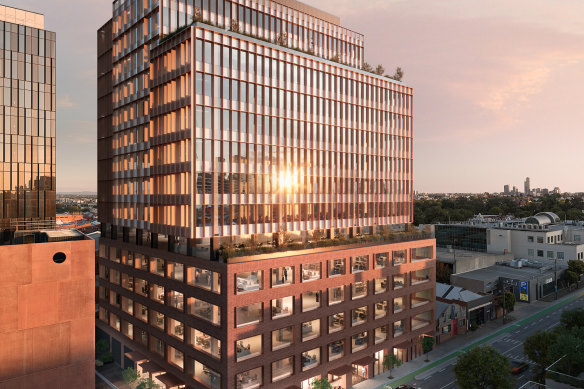 An artist's impression of Hines' timber office tower in Collingwood, due for completion mid-to-late 2023.