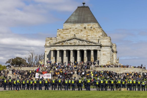 Police respond to a protest at the Shrine of Remembrance on Wednesday.