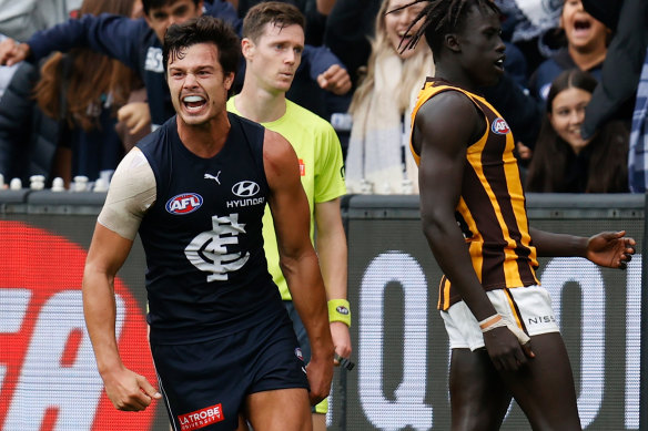 Jack Silvagni celebrates a last-quarter goal for the Blues.