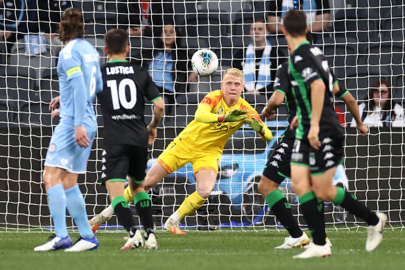 Tom Glover makes a save in the semi-final win over Western United.