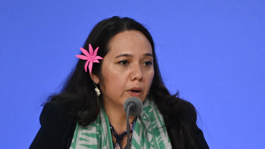 Tina Stege, climate envoy for the Marshall Islands, speaks at COP26 in Glasgow, Scotland. 