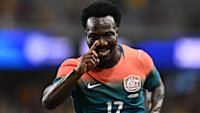 Nestory Irankunda celebrating his goal in the Socceroos’ friendly against Brazil.