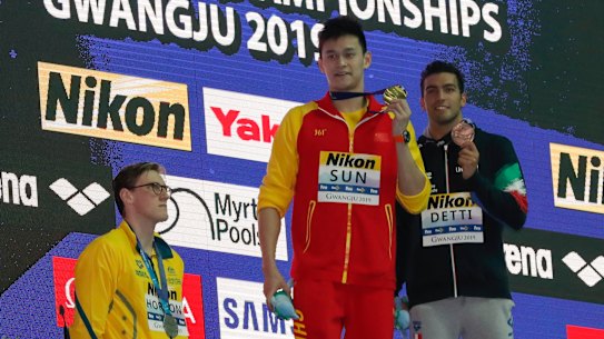 Australian silver medallist Mack Horton refuses to stand on  the dais with gold medallist Sun Yang.