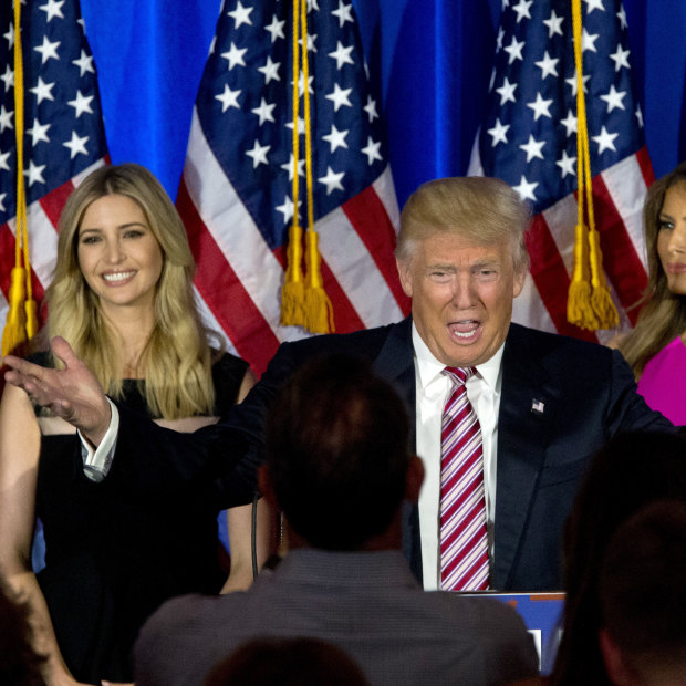 Donald Trump is joined by son-in-law Jared Kushner, daughter Ivanka Trump and wife Melania during his first presidential campaign in 2016.