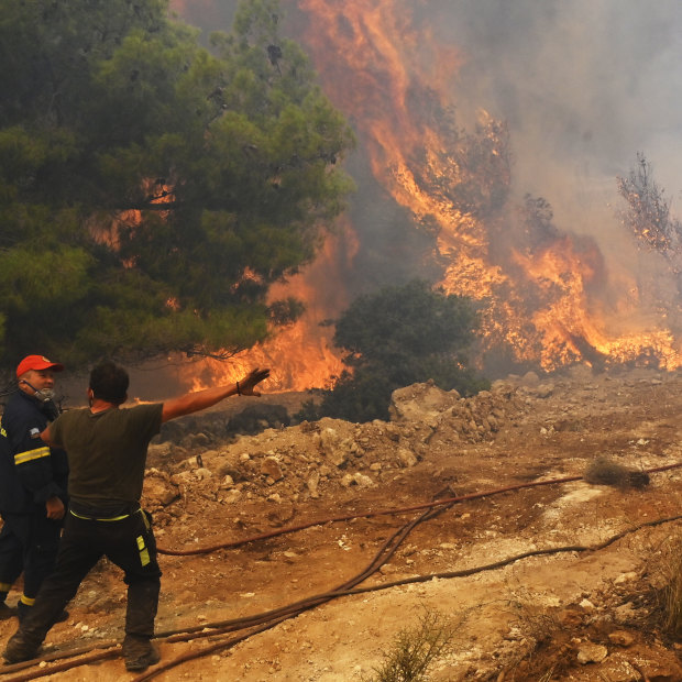 Locals help firefighters as they try to extinguish a wildfire burning near the village Vlyhada near Athens.