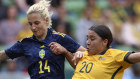 Australia’s Sam Kerr scores against Sweden’s Nathalie Bjorn during their women’s friendly soccer match in Melbourne in 2022.