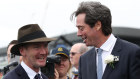 Gillon McLachlan congratulates trainer Ciaron Maher after Bella Nipotina’s win in The Everest.