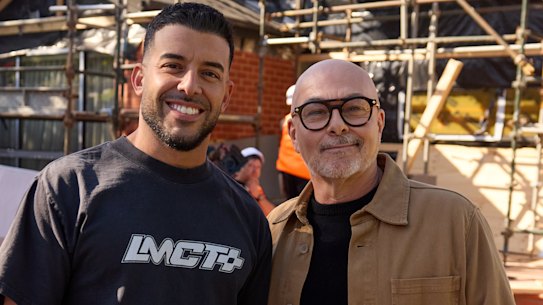 Billionaire Adrian Portelli and judge Neale Whitaker on the set of My Reno Rules in Melbourne.