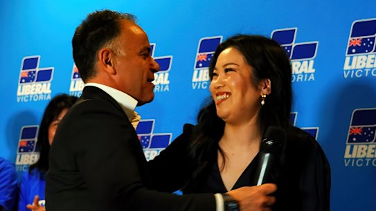 Nicole Werner is congratulated by the Victorian Liberal leader John Pessuto.