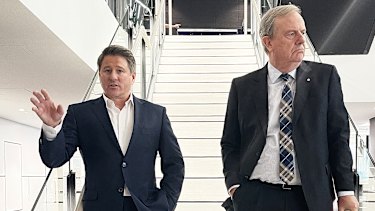 New Nine chief executive Mike Sneesby and chairman Peter Costello greeted staff following the announcement.