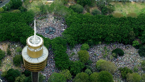 Vast crowds gather in Hyde Park, Sydney, to protest the imminent Iraq War on February 16, 2003