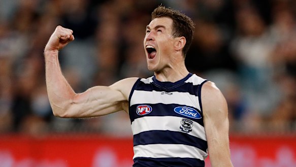 Jeremy Cameron celebrates a telling goal as part of a key burst against Collingwood.