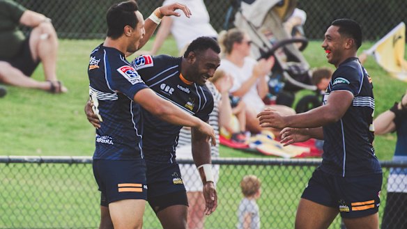 The Brumbies celebrate Tevita Kuridrani's first try at Viking Park.
