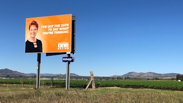 A Pauline Hanson billboard stands next to the road at Grantham in the Lockyer Valley.