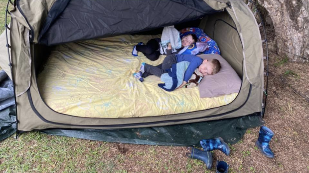 William, 5, and Chayce, 3, in their Craigieburn backyard camping set up. Father Brett Gray says 'they enjoyed every minute of it even though it was in the backyard'.