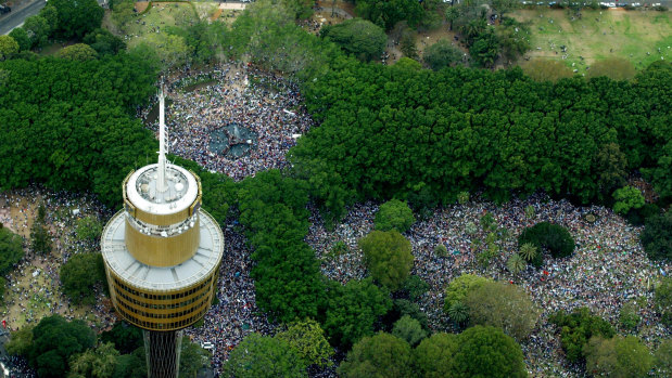 Vast crowds gather in Hyde Park, Sydney, to protest the imminent Iraq War on February 16, 2003
