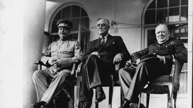From left: Joseph Stalin, Franklin Roosevelt and Winston Churchill in 1966.