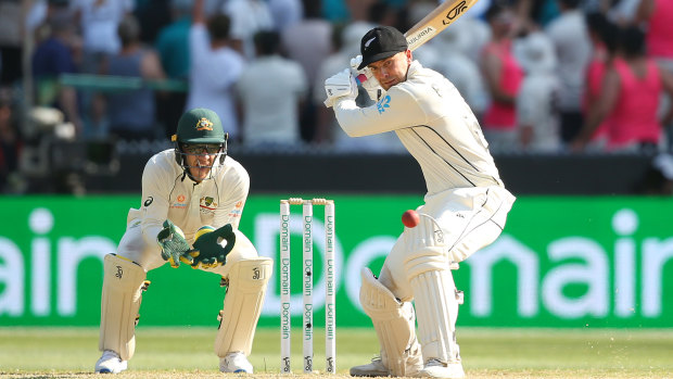 Hitting the mark: Black Cap Tom Blundell on the way to a ton on day four of the Boxing Day Test.