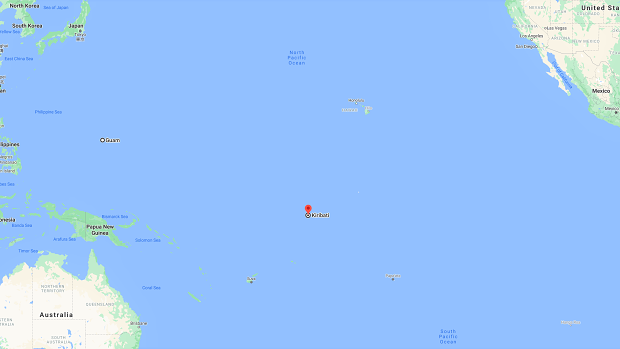 Kiribati (red pin) is strategically located between Australia, the United States and the US base in Guam (centre left).
